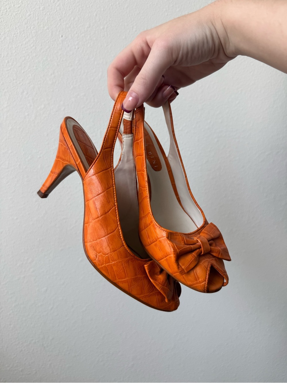 Orange Textured Slingback Peep-Toe Heels with Bow
